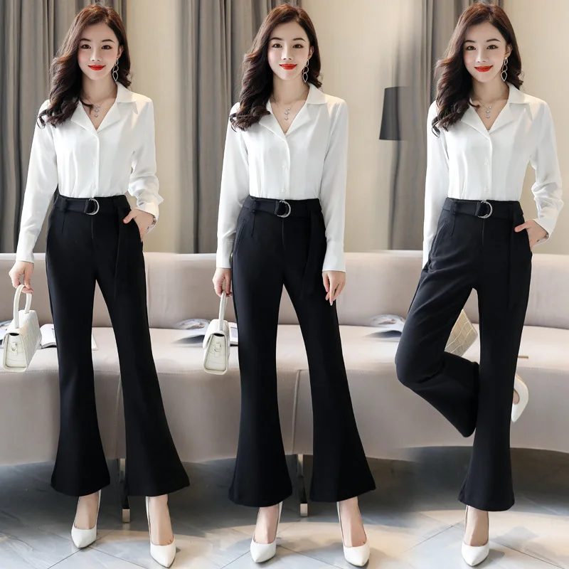 

2020 Spring And Autumn Simple Fashion Ol Commuting Set Elegant Shirt Slimming Bell-bottom Pants Two-Piece Set