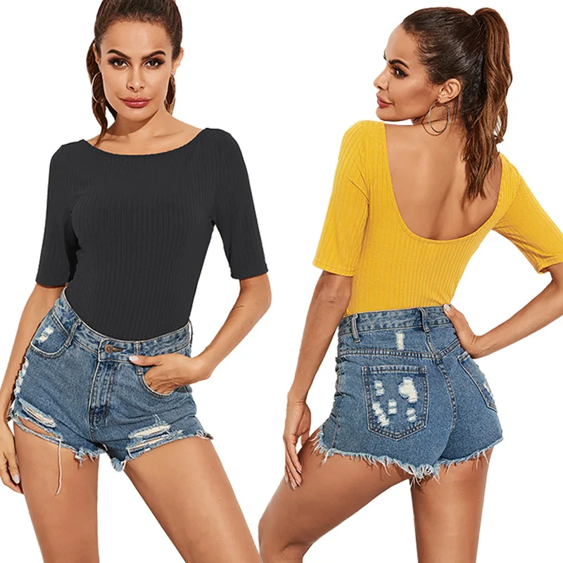 Backless Slim Knit Pit Strip Jumpsuit Women 2020 Summer O-Neck Middle Sleeve Sexy Elastic Skinny Bodysuit Women Bottoming Shirt Backless Slim Knit Pit Strip Jumpsuit Women 2020 Summer O-Neck Middle Sleeve Sexy Elastic Skinny Bodysuit Women Bottoming Shirt