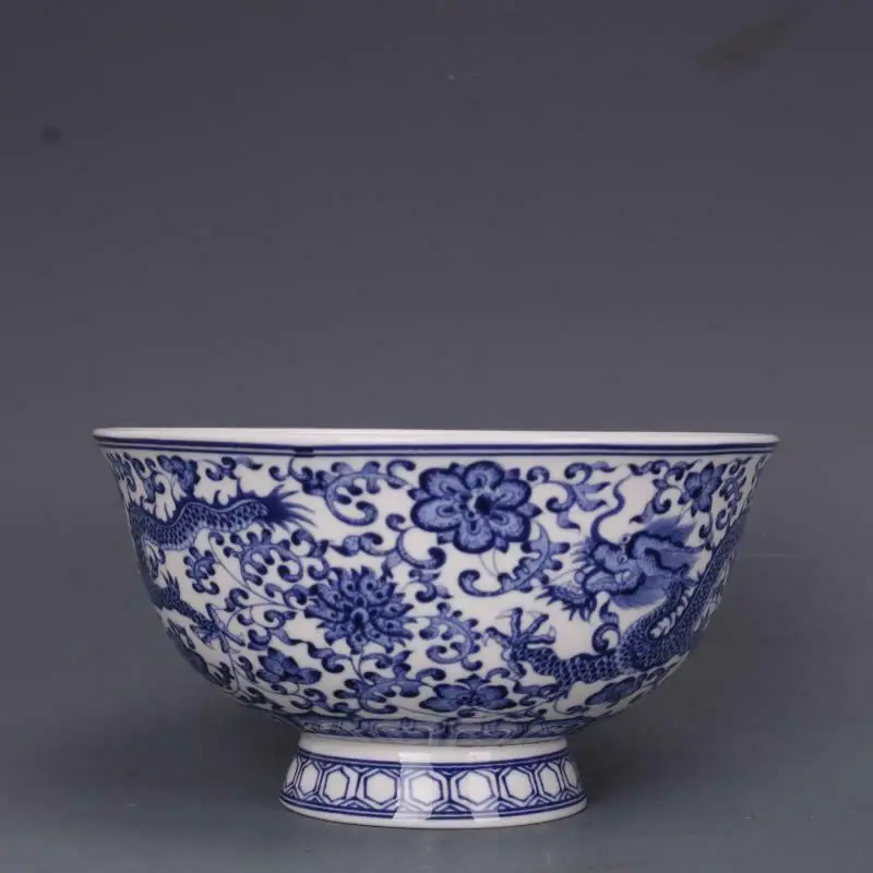 Fine Chinese Qing Qianlong old antique Porcelain blue white dragon bowl  for kitchen 3