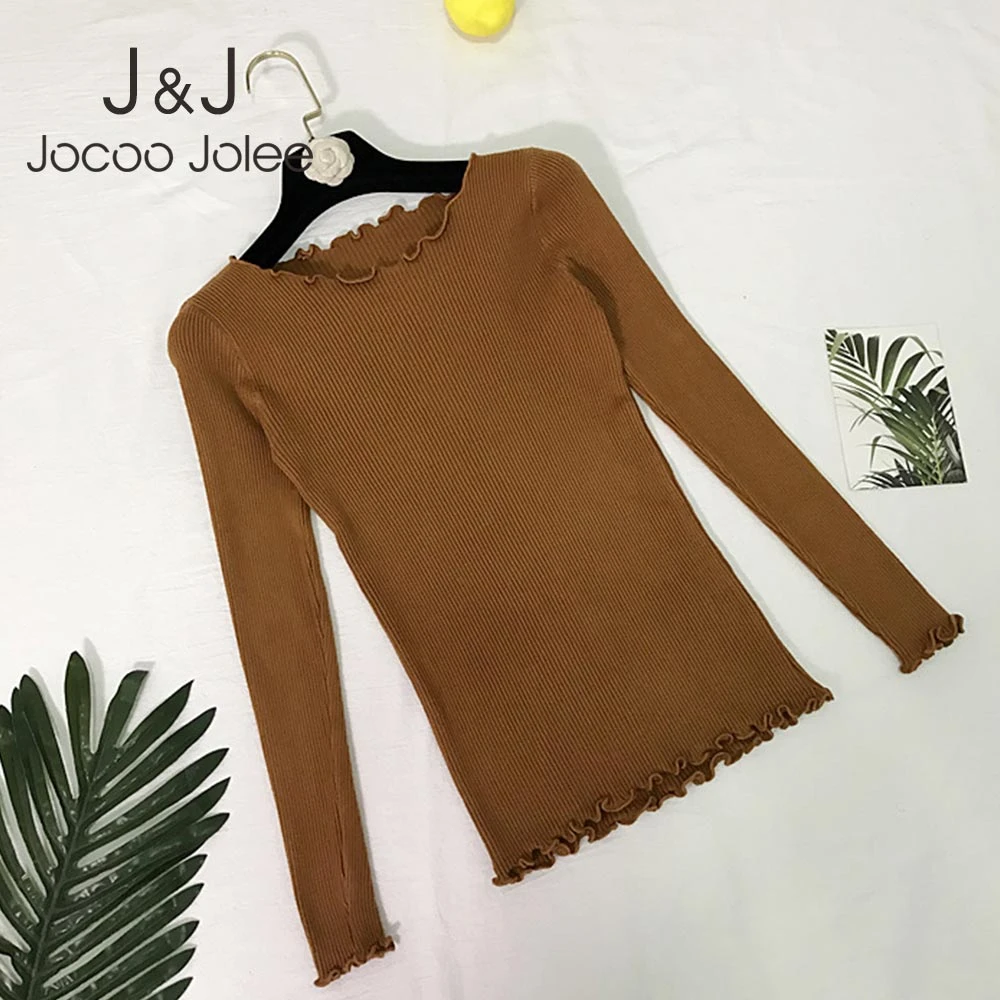 

Jocoo Jolee Frill Round Neck Autumn Knitted Sweater Womens Sweaters 2019 Solid Vintage Knitting Causal Pullover Jumpers Tops