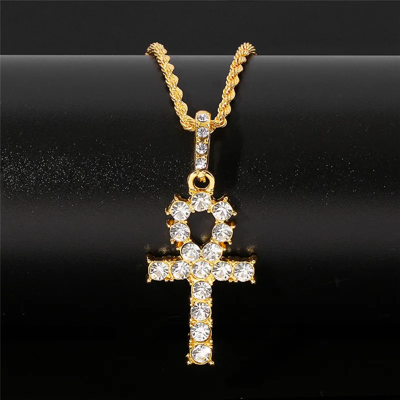 Gothic Cross Pendant Necklace Women Men Religious Jewelry Gold Silver Color Bling Crystal Ice Out Ankh Christian Gift | Украшения и