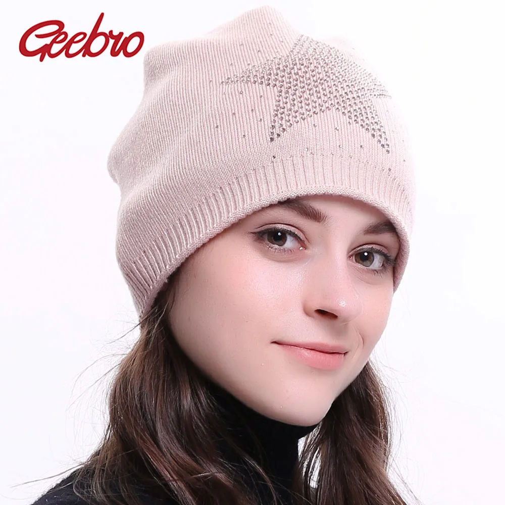 

Geebro Ladies Winter Knitted Warm Cashmere Casual Beanies Female Fashion With Star Rhinestones Skullies Caps Balavaca Bonnet