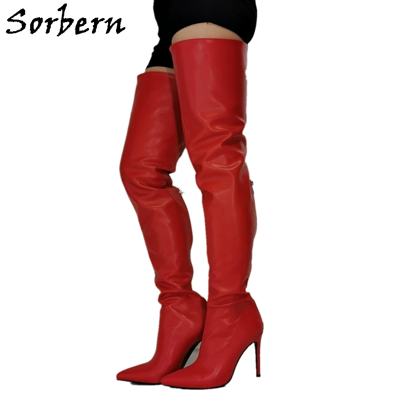 

Sorbern Red Matt Long Boots Women Back Zipper High Heel Stilettos Custom Wide Fit Calf Thigh High Ladies Boot Custom Colors