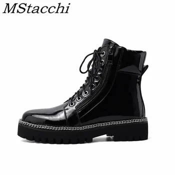 

Mstacchi Lace Up Zipper Patent Leather Matte Women Ankle Boots For Woman Round Toe Mid Heel Madam Shoes Zapatos De Mujer 2020