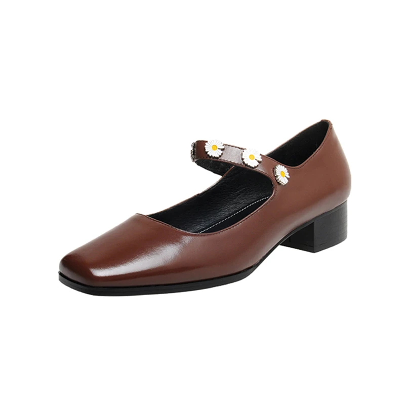 MKKHOU Fashion Mary Jane 2020 new leather ultra flame Daisy one-strap middle heel 3.5cm single shoe women's shoes size 33-41 | Обувь