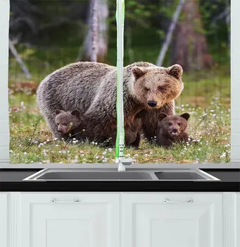 

Wilderness Kitchen Curtains Mother Bear Protecting Her Cubs in Finnish Forest Nordic Picture Art Window Curtain for Kitchen Cafe