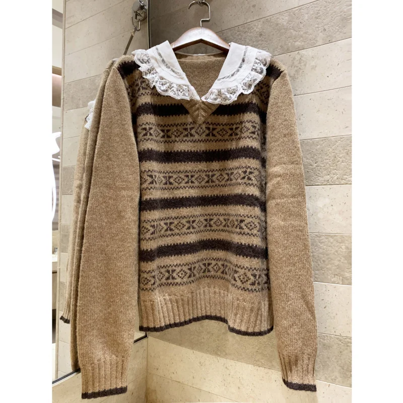 

2019 autumn winter women's lace doll collar pattern wool Leisure sweater sets of heads weaving flowers long-sleeved sweater
