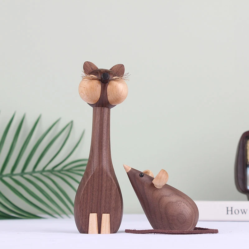

Nordic Cat And Mouse Animal Ornaments Walnut Wooden Handicraft Household Puppet Decorations For Children's Houses