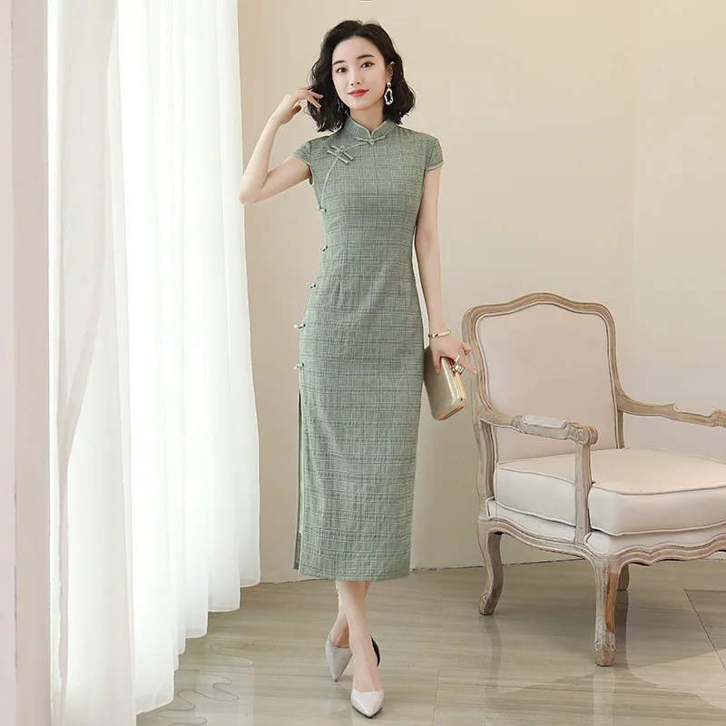 Сексуальное хлопковое льняное женское китайское платье для выпускного вечера винтажное тонкое зеленое клетчатое Qipao Плюс Размер 3XL длинное Чонсам Новое Vestidos