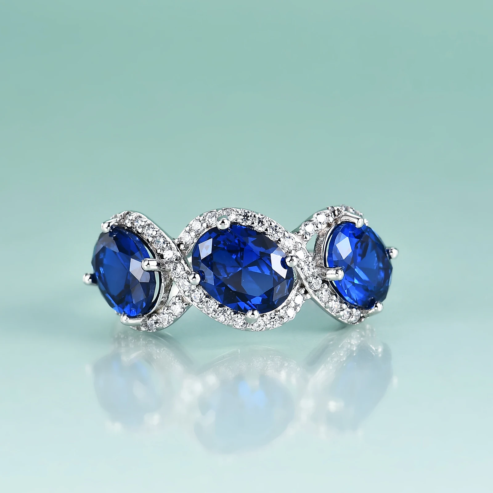 

Gem's Beauty 925 Sterling Silver Lab Blue Spinel Rings Unique Big Three-Stone Zircon Halo Rings For Women Luxury Fine Jewelry