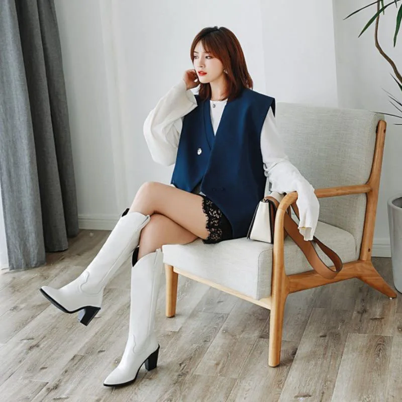 Coolcept Plus Size 33-46 Ladies Knee High Boots Keep Warm Winter Short Plush Pointed Toe Rough Heel Casual Daily Footwear