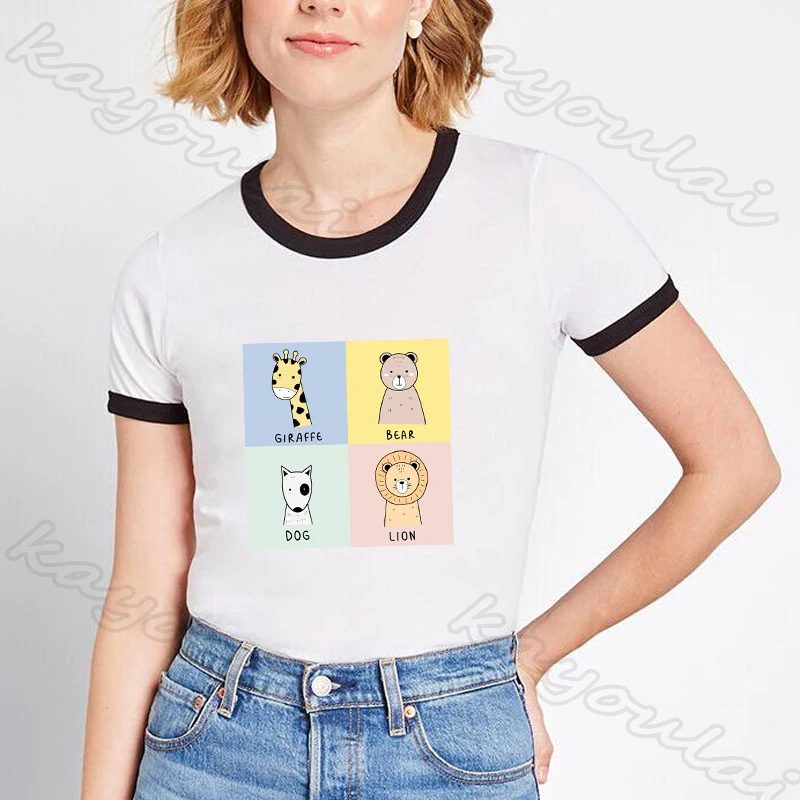 Kawaii женская футболка японский Стиль животных жирафа медведя лев собака Бегемот