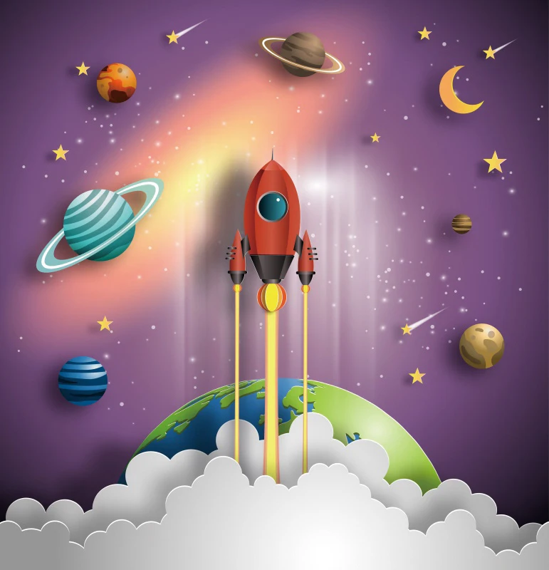 

Laeacco Baby Cartoon Spaceship Satellite Star Planet Birthday Party Pattern Photographic Background Photo Backdrop Photo Studio