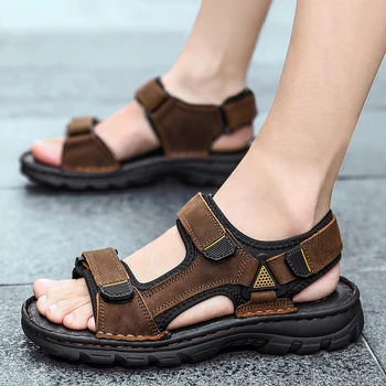 

2020 summer new outdoor sports sandals thick bottom stitching leather first layer cowhide men's beach shoes trend large size non