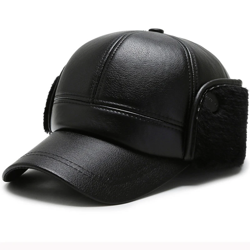 HT2819 осенне-зимняя шапка, Мужская Толстая теплая меховая шапка с ушками, мужская Кожаная шапка, ветрозащитная бейсболка, мужские шапки для папы с ушками - Цвет: Черный