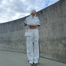 

2022 Autumn New Zipper Stand Collar Jacket Stitching Contrast Color Wide Leg Pants Trousers Fashion Casual Two-piece Suit