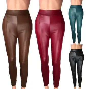 

Women Solid PU Leather Leggings High Waist Elastic Thin Sexy Trousers Skinny Pants Female Stretch Jeggings