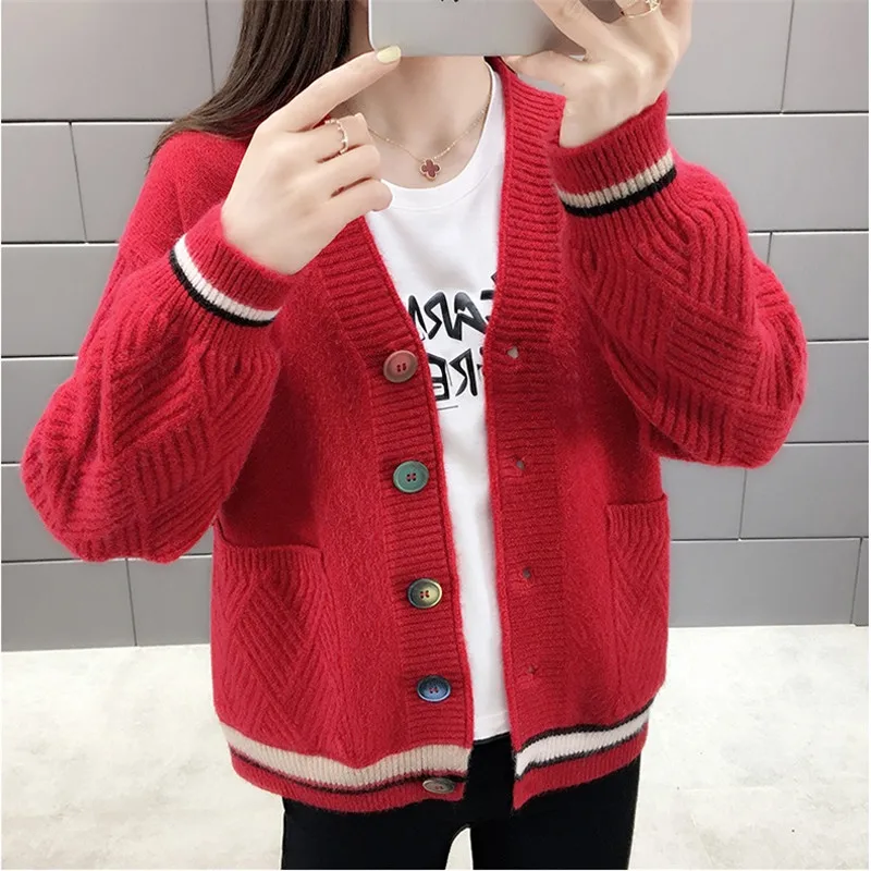 picture color CBAFU acylic women autumn winter sweater jacket sweater coat outwear long sleeve colorful button pockets knitted cardigans P371 - Цвет: picture color