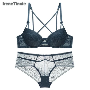 

IreneTinnie Bra & BriefSets Sexy Lace Front Closure Set Underwear Underwire Cross Strap Backless Bra with Push Up Women Lingerie