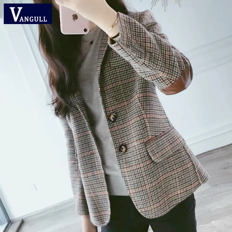 

Vangull British Style Slim women Plaid Blazers Patch Elbow Patchwork Women Classic Suit Coat Formal Lady Single Breasted Outwear