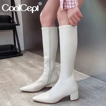 

CoolCept Women High Quality Boots Pointed Toe Thick Heel Zipper Solid Color Winter Cool Stretch Fabric Footwear Size 33-40