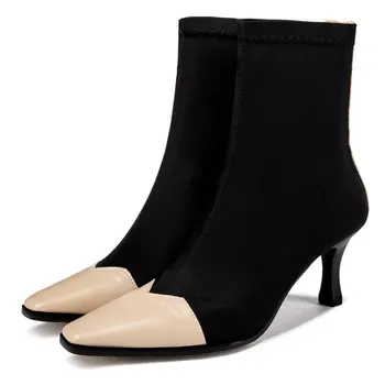 

Autumn Winter Elastic Stretch Boots Fashion Casual Zipper Mid Heels Boots Sexy Sock Boots Pointed Toe Shoes Ankle Botas