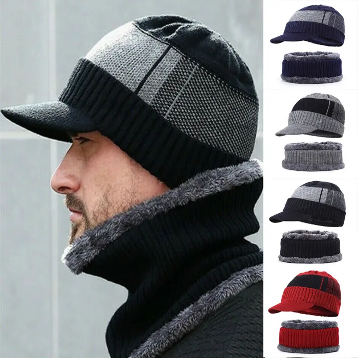 Мужская зимняя теплая шапка, вязаная шапка с флисовой подкладкой, мягкая дышащая шапка с петлями для шарфа NGD88