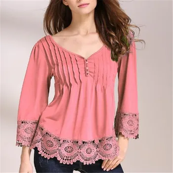 

Women 2019 Autumn Elegant Lace Blouses Spliced Shirts Sexy V Neck Casual 3/4 Sleeve Asymmetrical Solid Pleated Tops Oversized
