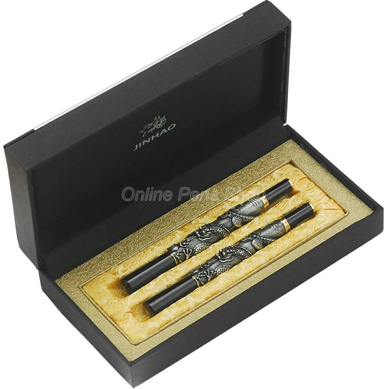 Jinhao Vintage Gray Fountain Pen, Roller Ball Pen Oriental Dragon Series Heavy Pen Iridium Fine Nib Gray W/Gift Box Set jinhao metal vintage fountain pen oriental dragon series heavy pen iridium fine nib silver noble collection gift pen