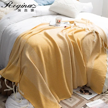 

REGINA Shawl Blanket Contrast Color Long Tassels Rhombus Plaid Cotton Knitted Blanket Fashion Women Scarf Home Decorative Throws