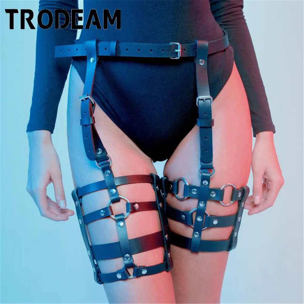 

TRODEAM Leather Harness Garter Belt Fetish Sexy Women rotic Leg Cage Body Bondage Waistband Garter Belt Suspenders For Stocking