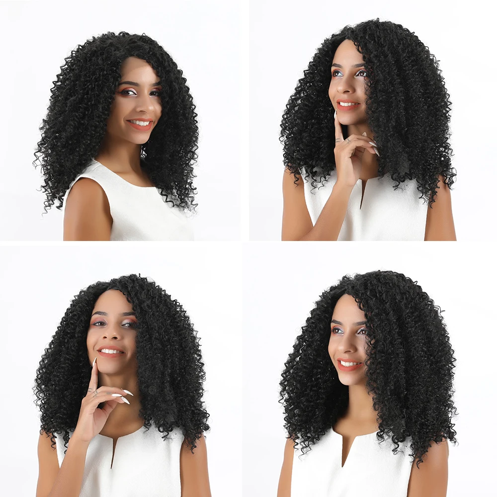 FAVE синтетический парик странный вьющиеся кружева фронтальной парик боковая часть для черный Для женщин афро курчавый парик натуральный черный 18 дюймов Косплэй парики