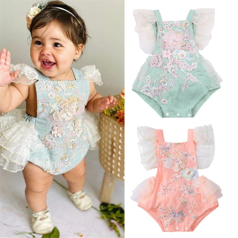 Princess Infant Baby Girls Lace embroidered Romper Sweet Baby Ruffle Fly Sleeve Backless Jumpsuit Summer Romper 0-24M 1