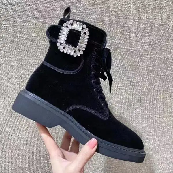 

Classic Shoes For Women 2021 Real Soft Leather Mid Heel Short Ankle Boots Big Square Crystal Martin Desert Winter Designer Botas