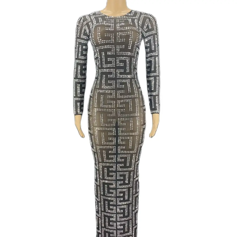 Сексуальное прозрачное платье стразы для женщин, модное длинное платье с кристаллами для вечерние, прозрачное платье для ночного клуба, выпускного вечера, одежда для сцены