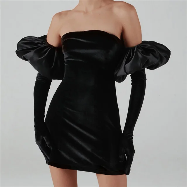 Y-L Sexy Wrap Chest Strapless Black Bodycon Mini Dress Women's Fashion Puff Sleeve Gloves Birthday Party Clubwear 2021 New 1