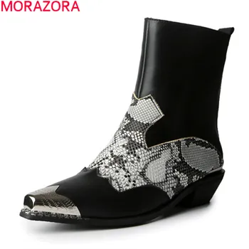 

MORAZORA 2020 New hot sale ankle boots med heels pointed toe fashion snake ladies shoes autumn winter women boots black white