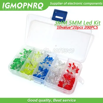 

200PC 3MM 5MM each 20pcs Led Kit Mixed Color Red Green Yellow Blue White Light Emitting Diode Assortment with free Box