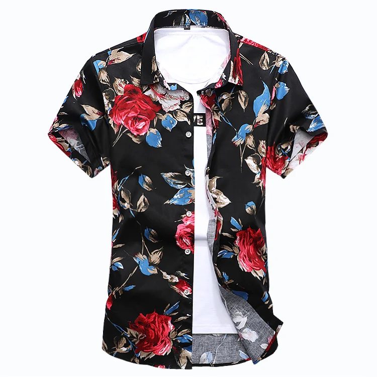 Рубашка с коротким рукавом мужская летняя модная повседневная размера плюс мужские рубашки с цветочным узором высокое качество рубашки с цветочным принтом мужские s Social 6XL 7XL - Цвет: hei di hong hua