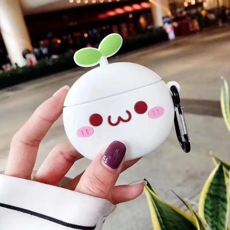 Cute Cartoon Grass Pattern Soft Silicone Protective Case Skin Protector with Carabiner for Airpods 1/2 Charging Box Accessories