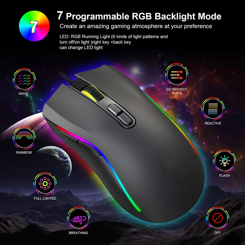 

Wired RGB Gaming Mouse 7 Programmable Buttons 7200 DPI Adjustable Optical Gaming Mouse RGB Back light Gaming Mouse For FPS Gamer