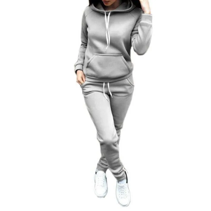 

Women Casual Autumn Tie Suit 2pcs Set Women tracksuits Female Fleece Rope Hooded Tracksuit