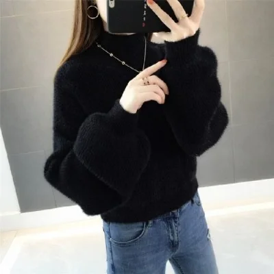 Зима-осень новая мода искусственная норка кашемировые женские свитера с рукавами-фонариками повседневные однотонные простые шикарные короткие пуловеры