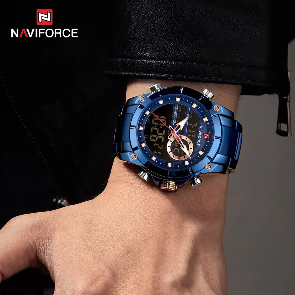 NAVIFORCE, мужские военные модные часы, синяя сталь, водонепроницаемые, двойной дисплей и кварцевые наручные часы, мужские часы, Relogio Masculino