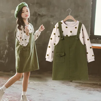 

New 2020 Girls Clothes Set Spring Teenage Children Outfits 2pcs Suit Kids Clothes Dot Printed T-shirts + Jumpsuit Skirts 8 10 12
