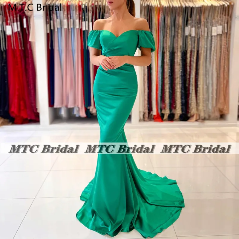 

Long Elegant Green Mermaid Prom Dresses Sweep Train Short Sleeves Pleats Satin Wedding Party Occasion Women Formal Gowns