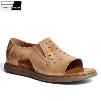 

Summer Mens Sandals 2019 New Genuine Leather Hollow Out Gladiator Shoes Breathable Male Outdoor Slip On Beach Sandals Footwear
