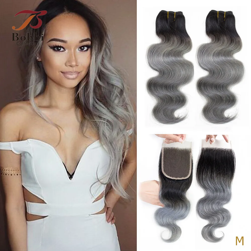 

2/3 Bundles With 4x4 Lace Closure Ombre Dark Grey Body Wave Pre-Colored Remy Human Hair Extensions Bob Style BOBBI COLLECTION