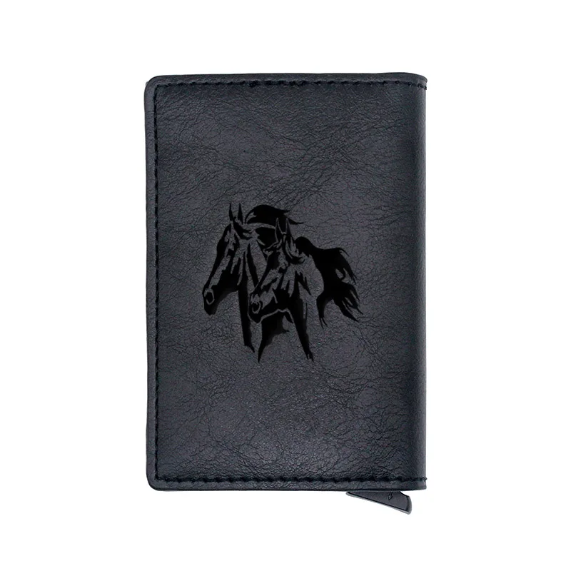 

Classic Black Horse RFID Leather ID Card Wallet Charm Men Women Mini Short Purse