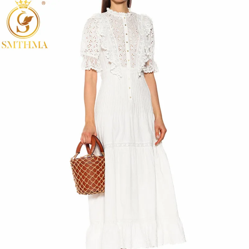 

SMTHMA 2019 New Fashion Summer Lace Patchwork Women Runway Dress High Waist Hollow Out Ruffle Dresses vestidos